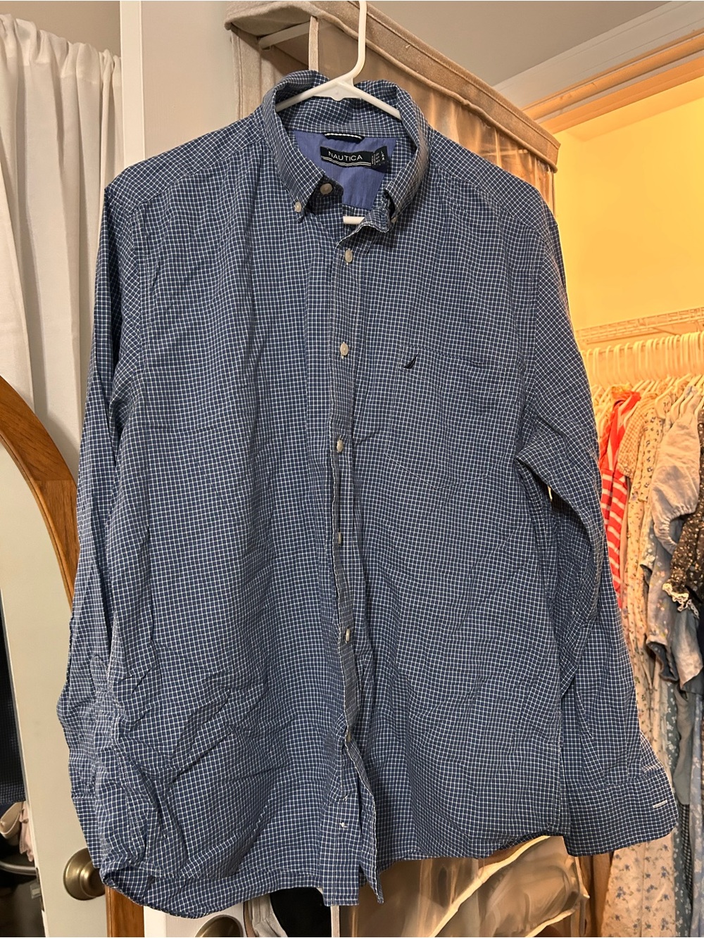 Nautica Navy Blue and White Check Lightweight Shirt Jacket